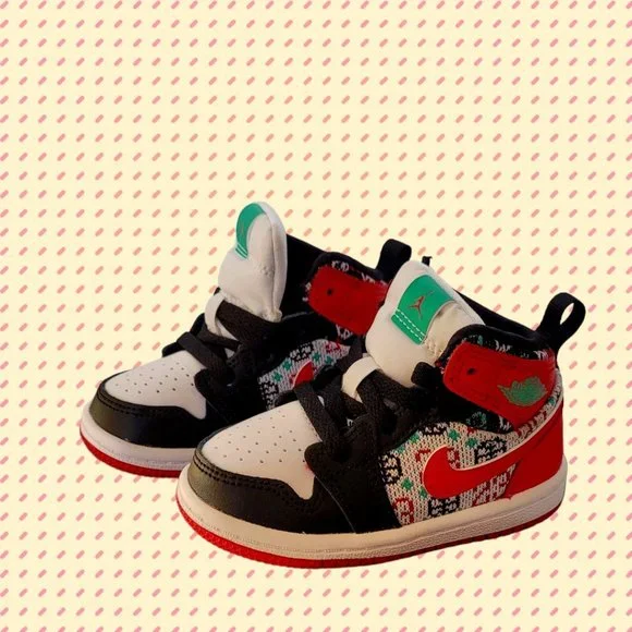 SOLD NIKE AIR JORDAN 1 MID SE (TD) WHITE "UGLY CHRISTMAS SWEATER" SZ 5c - Picture 1 of 6